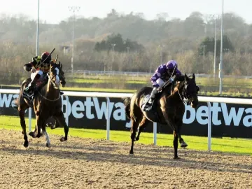Two horses and jockeys race to the finish on the track at Wolverhampton