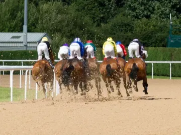 Dirt flicks up in the air a horses race round the track at Wolverhampton Racecourse