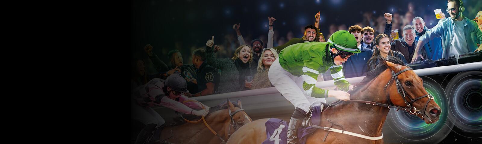 Horse running on track with DJ and crowd behind for Saturday Night Under the Lights at Wolverhampton Racecourse 