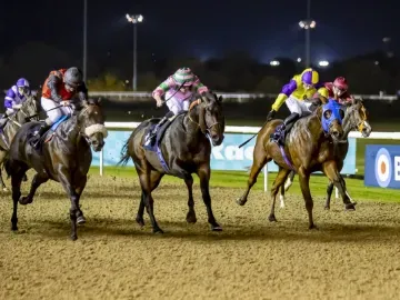 Horses race towards the finish under the floodlights at Wolverhampton Racecourse