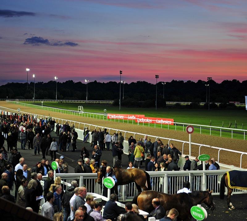 Crowds at a evening race meeting at Wolverhampton Racecourse.